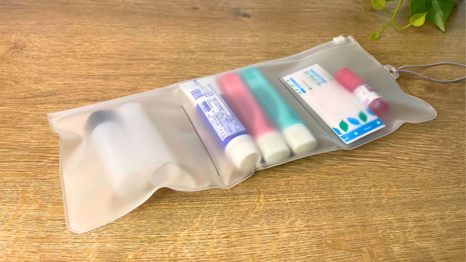 ダイソーのくるっとまとまる仕分けポーチに小物を入れた